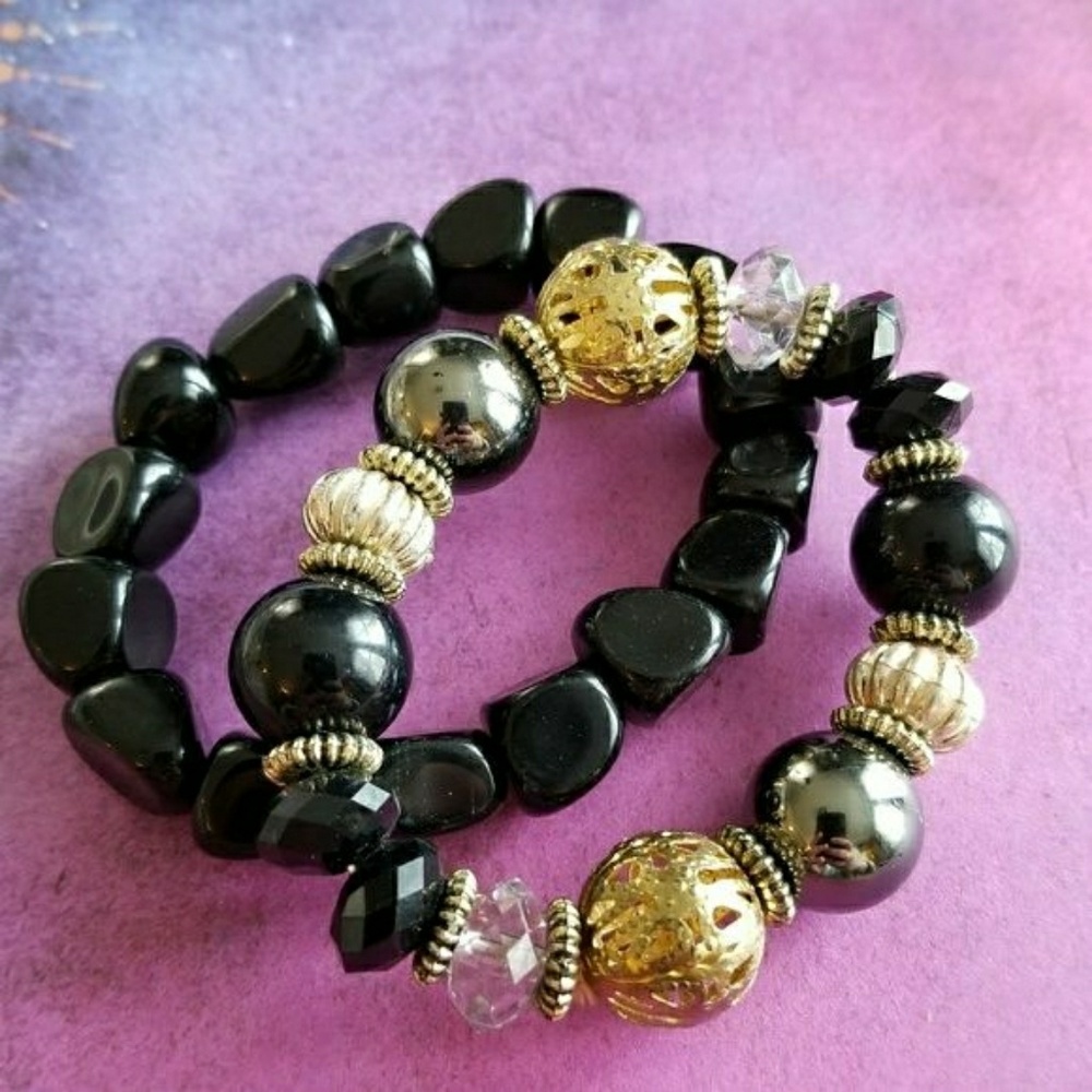 Bracelets -Set of two black and gold bracelets stretchy